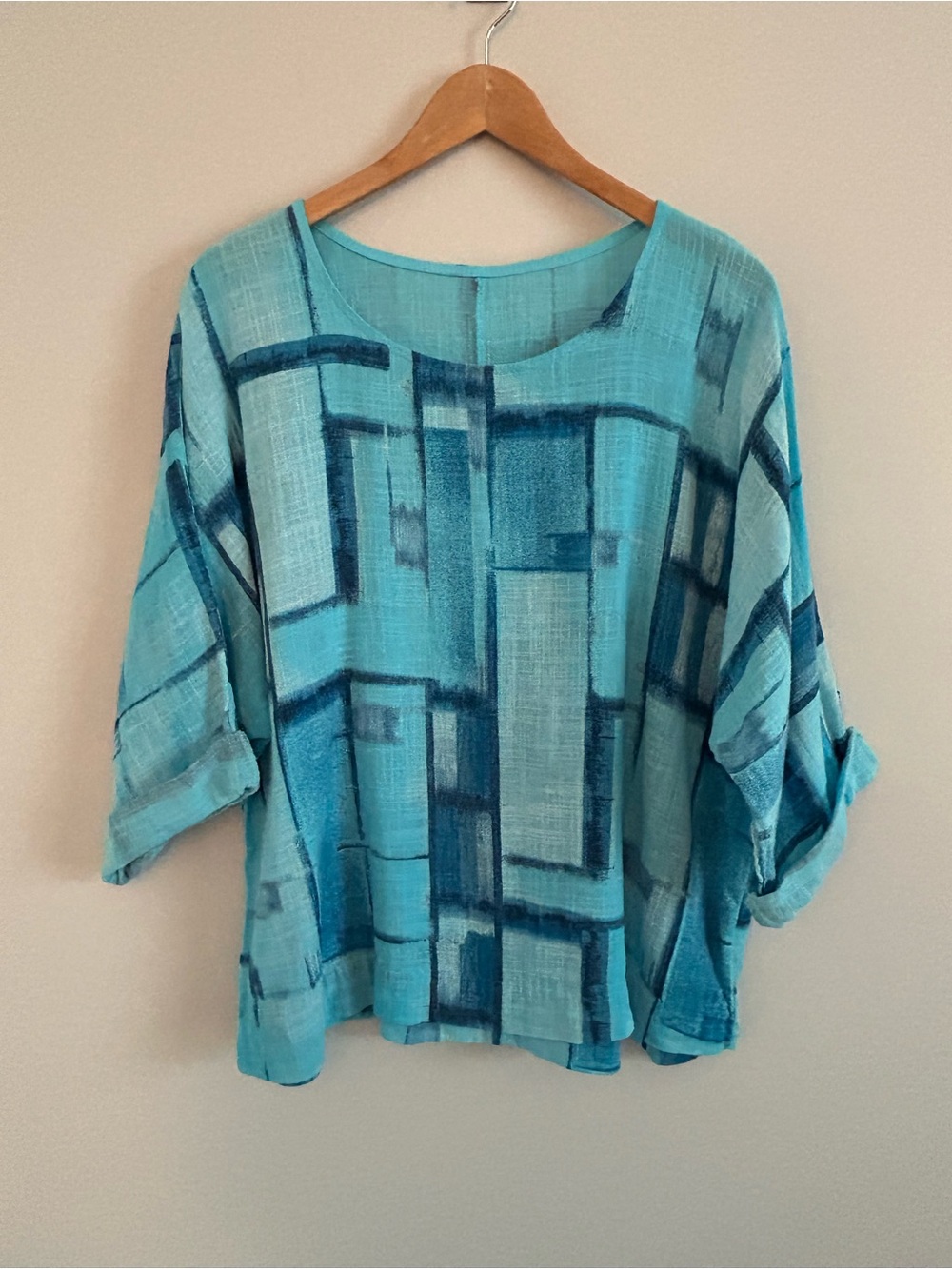 Italian Boutique 100% Cotton Aqua Abstract Roll Sleeve Tunic Top OS